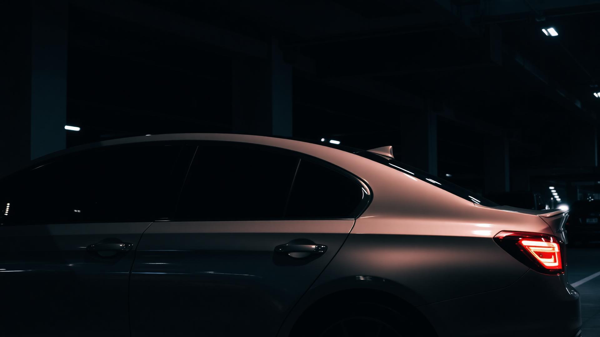 Luxury sedan with dark tinted windows in a cinematic garage